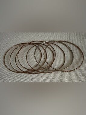 Set of Seven Mixed Metal Slim Textured Bangle Bracelets - Brown and Silver